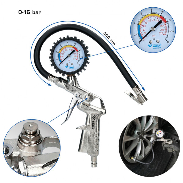 Zařízení k měření tlaku v pneumatikách a huštění pneumatik, 0-16 bar BRILLIANT T